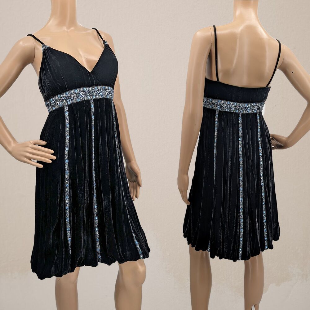 Vintage y2k Sue Wong Velvet Mini Dress Black Silk Beaded Dark Fairycore Size 8